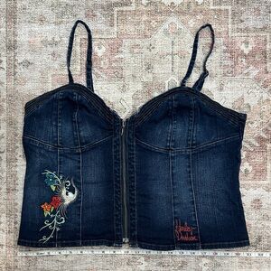 Woman’s Vintage Embroidered Harley Davidson Denim Lace Up Corset Style Tank Top